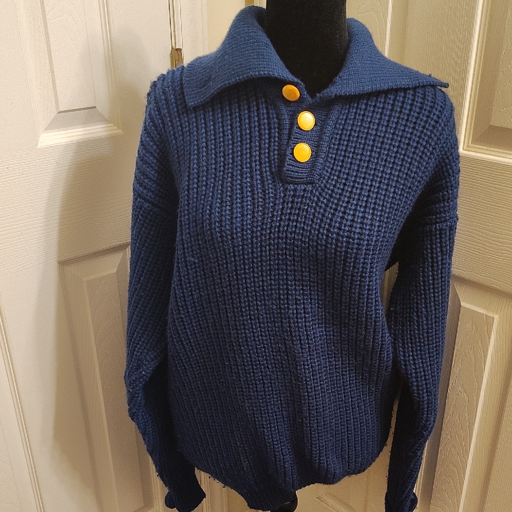 Elegant Blue Turtleneck Sweater with Yellow Buttons